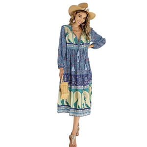 R. Vioimos Boho Peasant Dress Womens Large Floral Peacock V Neck Tassel Bohemian